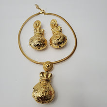 Load image into Gallery viewer, 18K GOLD PLATED BIG DOLLAR SACK EARRING , PENDANT &amp; CORD NECKLACE SET
