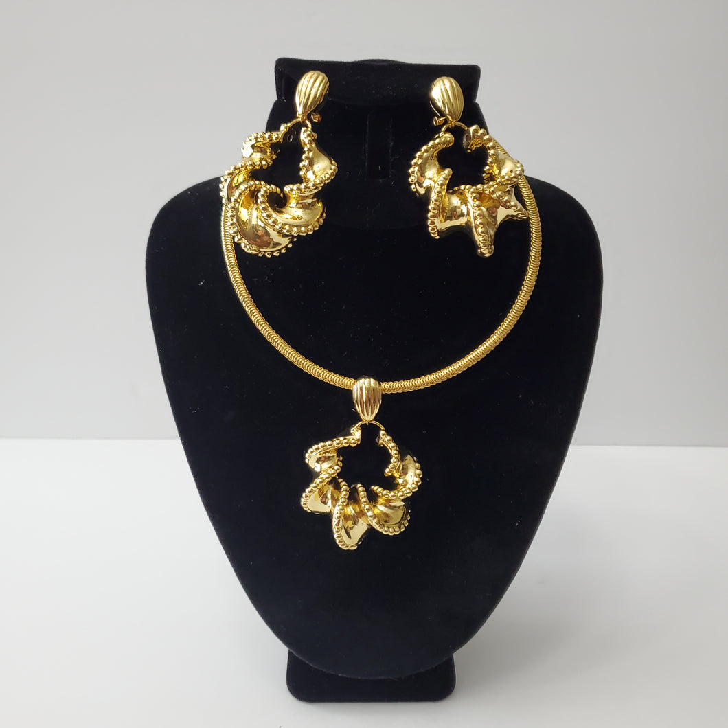 18K GOLD PLATED BIG CHUNKY EARRING , PENDANT & CORD NECKLACE SET