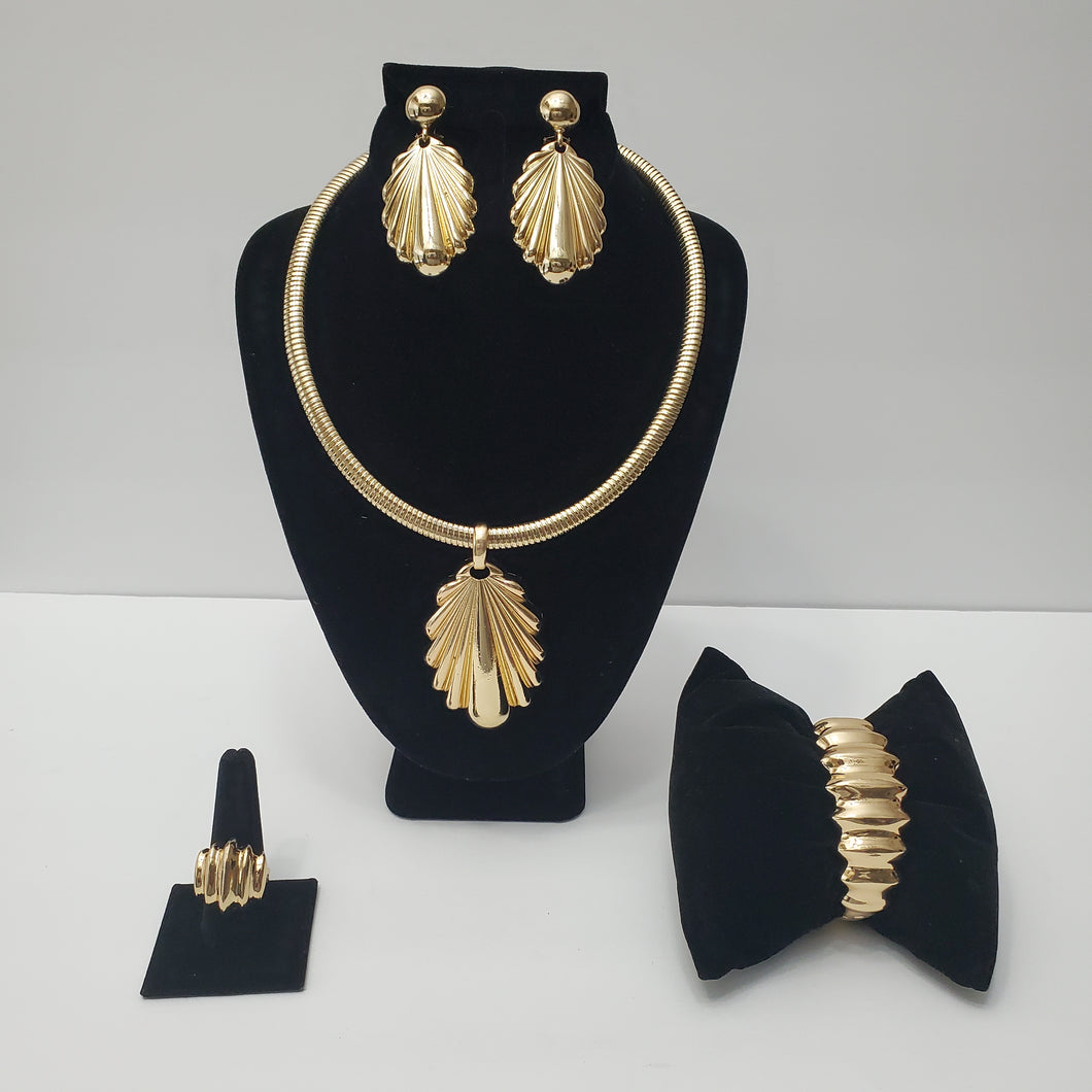 18K GOLD PLATED PARTY EARRING,, RING, BANGLE, CORD NECKLACE & PENDANT SET