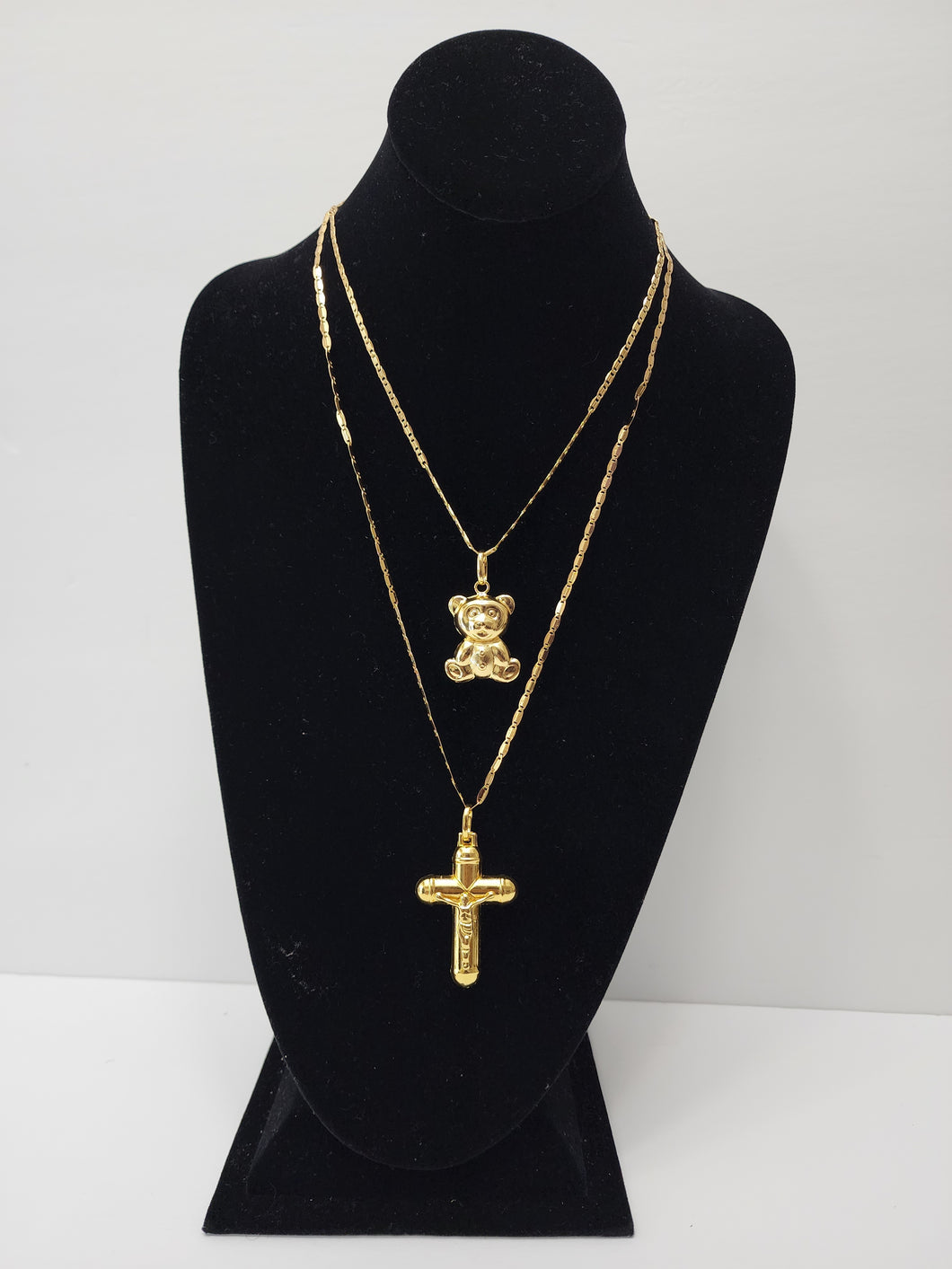 18K ITALIAN GOLD PLATED 2 LAYERED NECKLACE WITH SMALL TEDDY & CROSS PENDANT