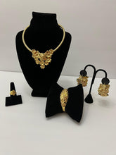 Load image into Gallery viewer, 18K GOLD PLATED FLOWERED PARTY EARRING, RING, BANGLE, CORD NECKLACE &amp; PENDANT SET
